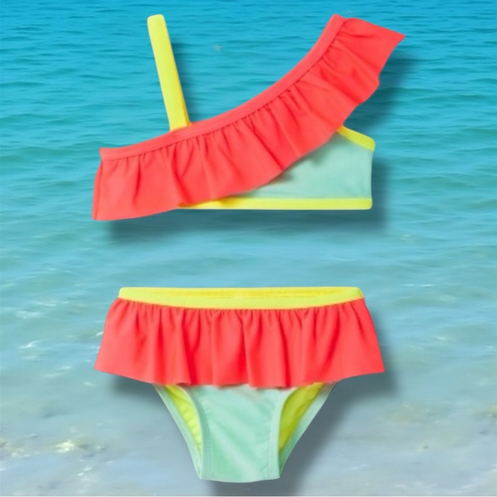 👙2/$10👗3/$12 Cat & Jack Ruffle Bikini Set Neon Orange Yellow & Green 18 M